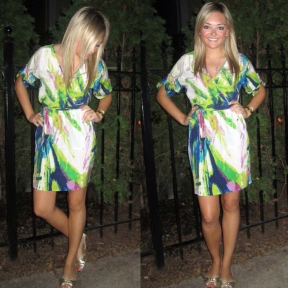 Jack & Ginger watercolor 100% silk faux wrap dress Size medium